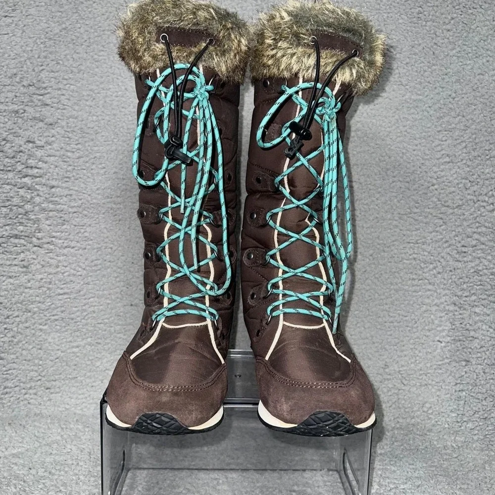 LL Bean Carrabassett Faux Fur Snow Boots Women 8½‎ M Brown Lace Knee High 284883